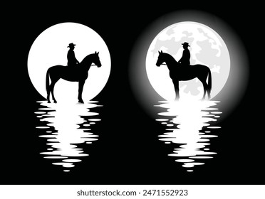 cowboy riding horse and full moon - mysterious night nature black and white vector handdrawn design set with wild west spirit silhouette