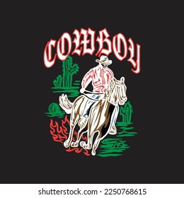Cowboy riding a horse with a cowboy in a hat, vector illustration streetwear for tshirt hoodie