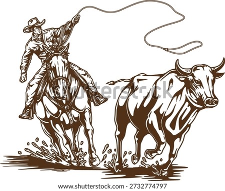 Cowboy riding horse with lasso chasing bull vintage western engraving illustration