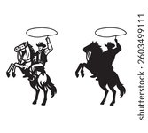 Cowboy Riding Horse, Lassoing, roping a calf on horseback Retro Style Logo Icon Silhouette Vector design