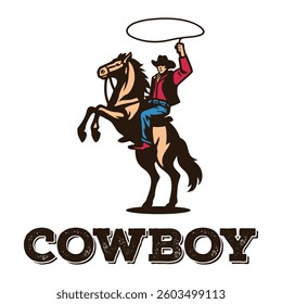 Cowboy Riding Horse, Lassoing, roping a calf on horseback Retro Style Logo Icon Silhouette Vector design