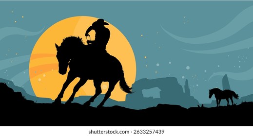cowboy riding horse on prairie at night with full moon – vector illustration