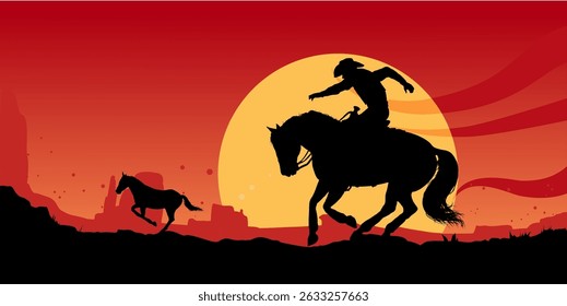cowboy riding horse on prairie at sunset – vector illustration
