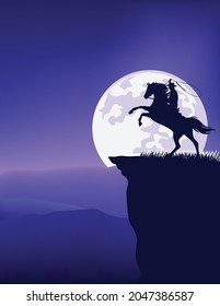 cowboy riding horse rearing up at mountain cliff top against full moon -  nighttime great outdoors wild west scene silhouette landscape vector design