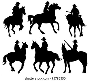 cowboy riding a horse - set of black vector silhouettes on white