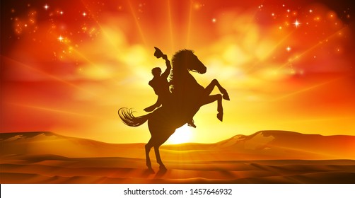 A cowboy riding a horse in silhouette against a desert landscape sunset background