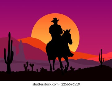 Cowboy riding horse silhouette with desert sunset landscape scene background vector art illustration design.