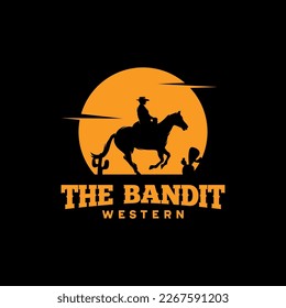 Cowboy Riding Horse Silhouette at Night logo