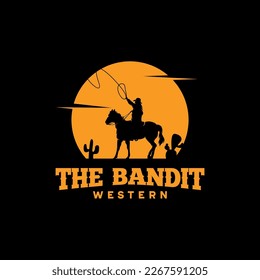 Cowboy Riding Horse Silhouette at Night logo