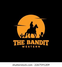 Cowboy Riding Horse Silhouette at Night logo