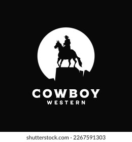 Cowboy Riding Horse Silhouette at Night logo