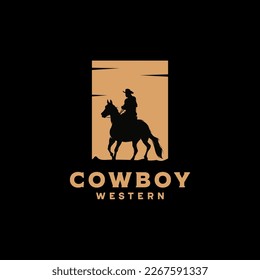 Cowboy Riding Horse Silhouette at Night logo