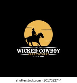 Cowboy Riding Horse Silhouette at Sunset Sun-Moon logo design illustration, for your business or company
