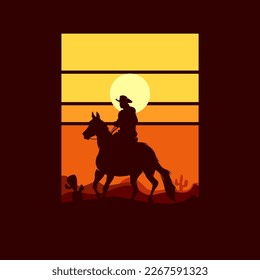 Cowboy Riding Horse Silhouette at Sunset logo