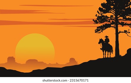 Cowboy riding horse silhouette at sunset, Vector
