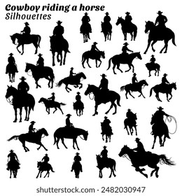 Cowboy riding a horse silhouette vector illustration set.