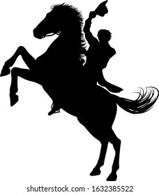 A cowboy riding a horse in silhouette waving hat in the air