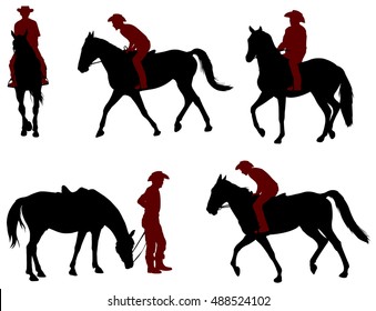 cowboy riding a horse silhouettes - vector