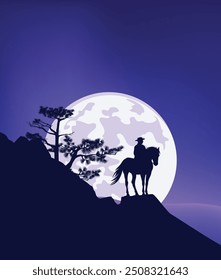 cowboy riding horse standing at mountain cliff top with pine trees against full moon -  nighttime great outdoors wild west scene silhouette landscape vector design