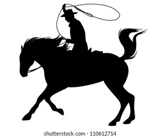 cowboy riding a horse and throwing lasso fine vector silhouette - black outline over white