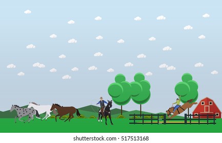 Cowboy Riding Horse And Throwing Lasso. Men Taming Wild Horses Near Farm. Wild West Characters. Vector Illustration In Flat Style.