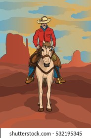Cowboy riding horse thru the desert, Monument Valley, Arizona, Utah.