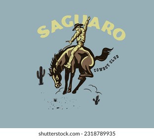 cowboy riding horse vector illustration, cowboy in action, western desert retro vintage print design, arizona cowboy club, western vintage artwork for t shirt, sticker, print 