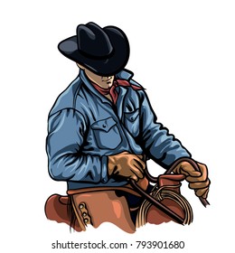 Cowboy riding horse vector illustration. Cartoon man on saddle.