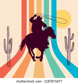 Vaquero montando caballos al atardecer. Silhouette de Cowgirl montando caballos al atardecer, vector Ilustración de Cactus.
