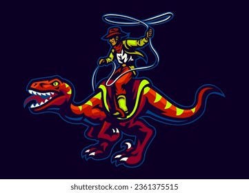 Cowboy Riding Raptor Holding Rope Mascot