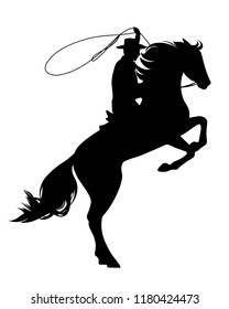 cowboy riding rearing up horse - wild west theme black vector silhouette