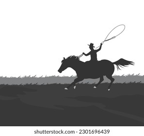 Cowboy riding with rope lasso on horse in the field rodeo western design vector illustration