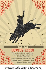 Cowboy riding wild bull.Vector western poster background for text