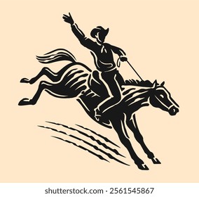 Cowboy riding wild horse in motion during rodeo event. Competition, extreme sport emblem symbol