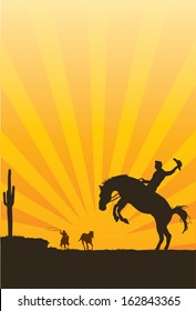 Cowboy riding wild horse silhouette, vector