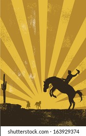 Cowboy riding wild horse at sunset, vector