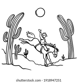 Cowboy riding a wild horse. Vector line art illustration American desert and cactuses isolated on white.