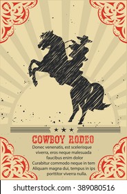 Cowboy riding wild horse .Vector western poster background for text