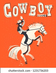 Cowboy riding wild horse.Vector American Rodeo background illustration with text