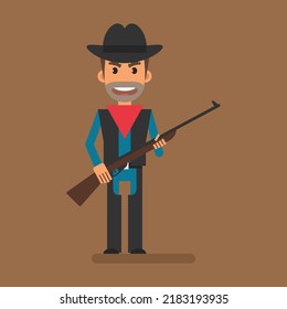 Cowboy Robber Holding Gun. Flat People. Vector Illustration