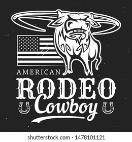 Cowboy rodeo, American Western bull rider sport vintage poster. Vector t-shirt white and black outline label of longhorn bull with cowboy rider lasso, US America flag stars and horseshoe