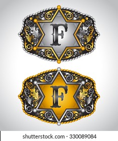 Cowboy Rodeo belt buckle design - Letter F - Alphabet initial vector design