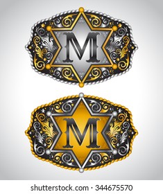 Cowboy Rodeo belt buckle design - Letter M - Alphabet initial vector design