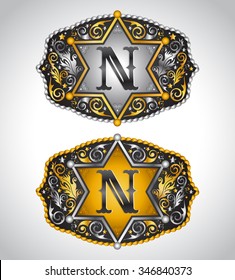 Cowboy Rodeo belt buckle design - Letter N - Alphabet initial vector design