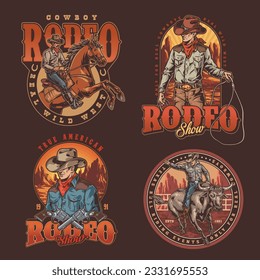 Cowboy rodeo colorful set posters with wild west residents on bull or horse for extreme sport competition vector illustration