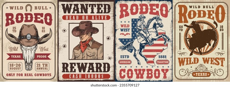 Cowboy rodeo colorful set stickers to advertise American show with bulls and horses or search for criminals vector illustration