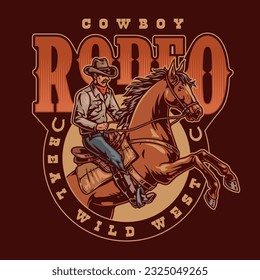 Cowboy rodeo colorful vintage flyer with man on horse and heading wild west to advertise tours to Texas vector illustration