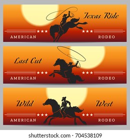 Cowboy Rodeo horizontal banners set with desert rodeo and rider silhouettes. Vector illustration 