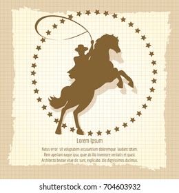 Cowboy rodeo man on old style vintage backdrop, vector illustration