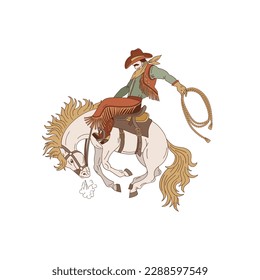 Rodeo de vaquero sobre caballo salvaje. Ilustración vectorial aislada en blanco. 